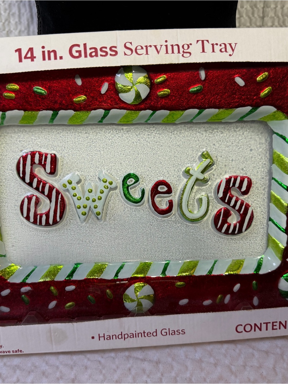 Handpainted 'Sweets' Glass Serving Tray - Red & Green